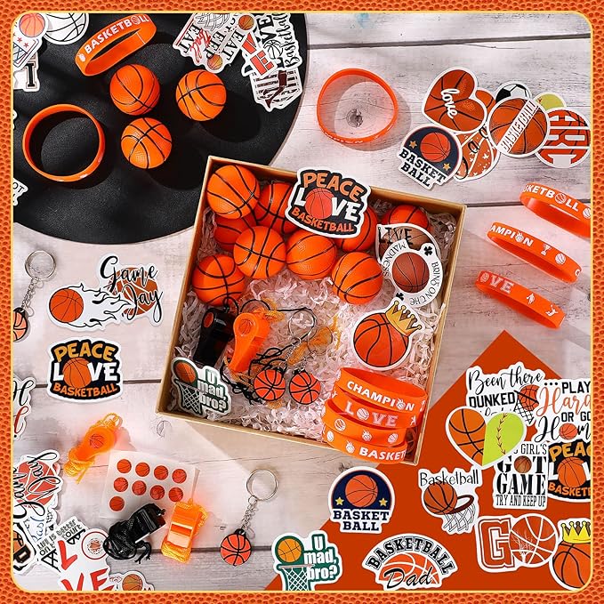 Aoriher 108 Pcs Basketball Party Favors Set Basketball Party Themed Goodie Bag Fillers Mini Basketball Balls Whistle Silicone Bracelet Tattoo Sticker Temporary Keychain for Sport Party Supplies