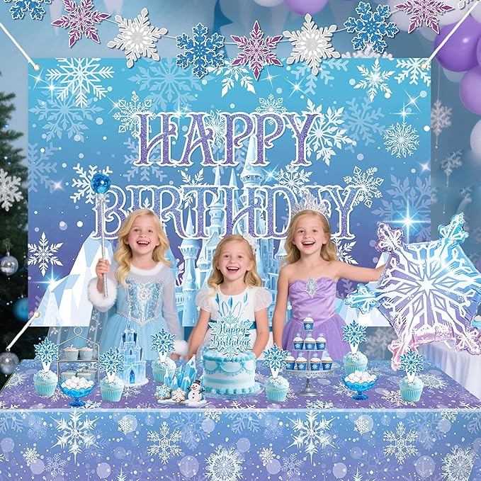 Frozen Birthday Party Decorations For Girls,Happy Birthday Backdrop,Banner,BlueBalloons,Table Cloth,Paper pom poms Party Supplies for Women