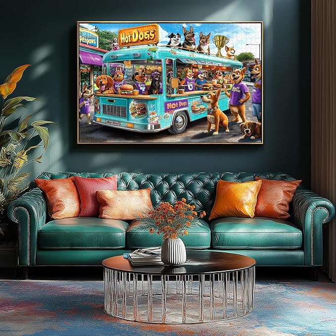 Blueforest 1000 Piece Jigsaw Puzzle for Adults - Cartoon Dogs Food Truck Adventure - Challenging & Fun Puzzle with Vibrant Art, Bonus Poster (27.5" x 19.7")