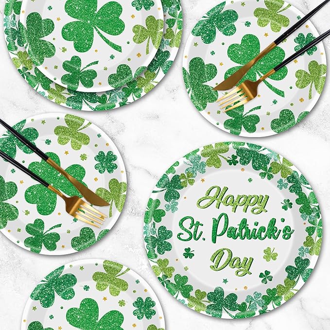 24 Pcs Happy St Patricks Day Plates Set - Disposable Green Shamrock Paper Plate, Irish Round Dinner Dessert Plate Dinnerware Kit for St Patrick's Day Party Decorations Supplies Table Decor