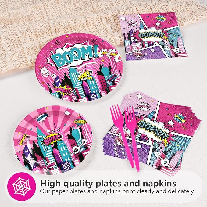 96Pcs Pink Hero Birthday Party Decorations for Girls Hot Pink Comic Hero Plates and Napkins Tableware Sets Super Theme Decorations for Kids Baby Shower Spider Hero's Themed Party Favors Serves 24
