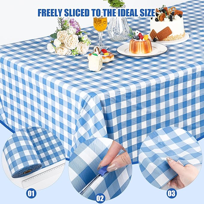 Kochorie 54 Inch x 300 Ft Light Blue Checkered Plastic Table Cloth Roll Disposable Waterproof Table Cover Plastic Table Cover Roll with Easy Slide Cutter for Outdoor Picnic/Home Dining/Spring Party