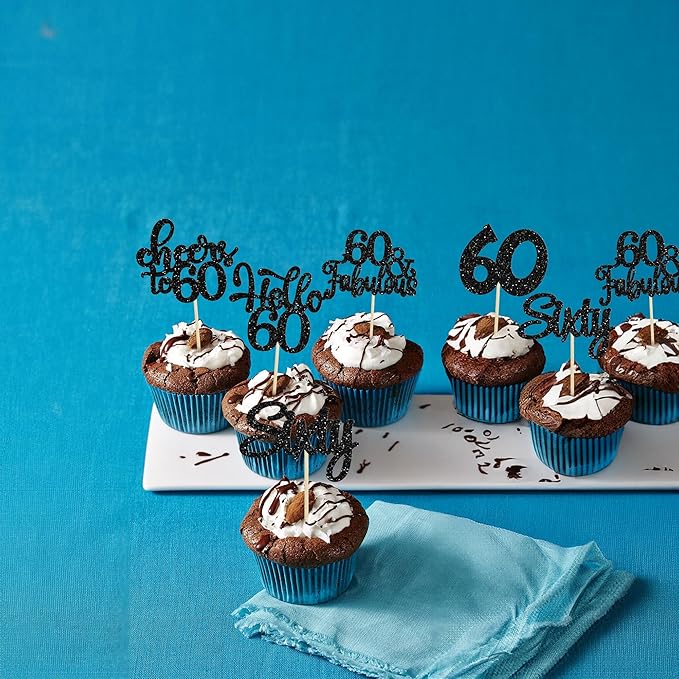30pcs Happy 60th Birthday Cupcake Toppers - Black Glitter Sixty Cake Toppers - Cheers to 60 Years Old Cupcake Picks for Anniversary Party Cake Decorations