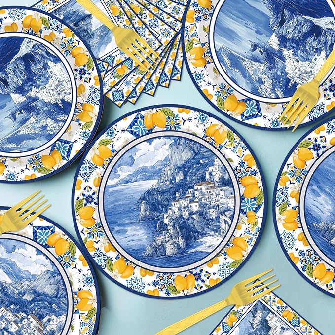 96 Pcs Amalfi Coast Party Decorations, Capri Lemon Plates and Napkins Tableware Set, Capri Lemon Party Supplies for Kids Birthday Baby Shower, Disposable Dinnerware Serve 24 Guests