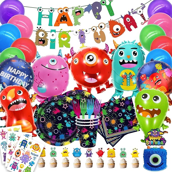 Monster Party Supplies, Monster Birthday Decorations - Monster balloons, paper plates, napkins, cups, cupcake & cake toppers, birthday banner, tattoos