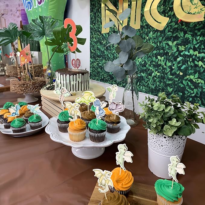 Ephlyn 36Pcs Dragon Party Cupcake Toppers Dragon Birthday Party Decoration Fantasy Dragon Cake Decorations for Flying Dragon Baby Shower Supplies
