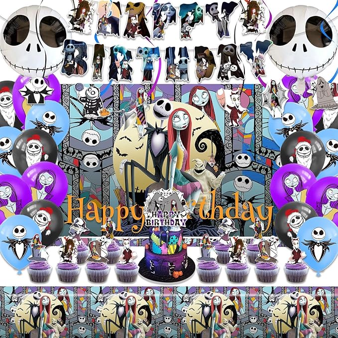 Birthday Party Decorations, Magical Wizard Pirate Halloween Horror Night Themed Party Supplies - Happy Birthday Banner, Balloons, Backdrop, Tablecloth, Cake Inserts Set-Black