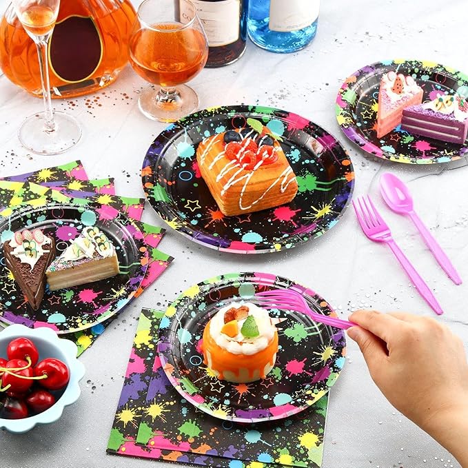 100 Pcs Neon Party Supplies, Serves 20 Guests, Neon Plates and Napkins Tableware Set Glow in The Dark Birthday Disposable Paper Dinnerware Graffiti Party Decoration for Birthday Baby Shower