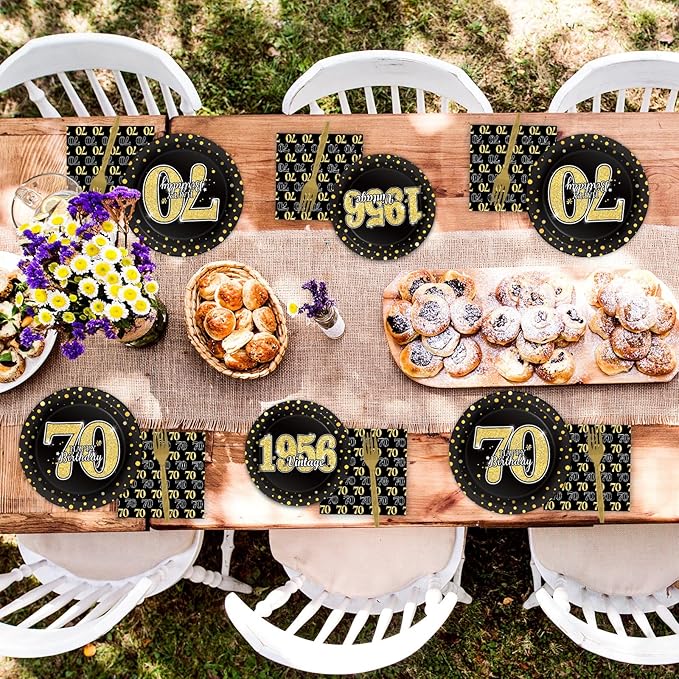 96PCS 70th Theme Birthday Party Tableware Vintage 1956 Party Supplies 70 Year Old Birthday Decorations Plates Napkins Forks Black and Gold Dinnerware Favors for Men or Women