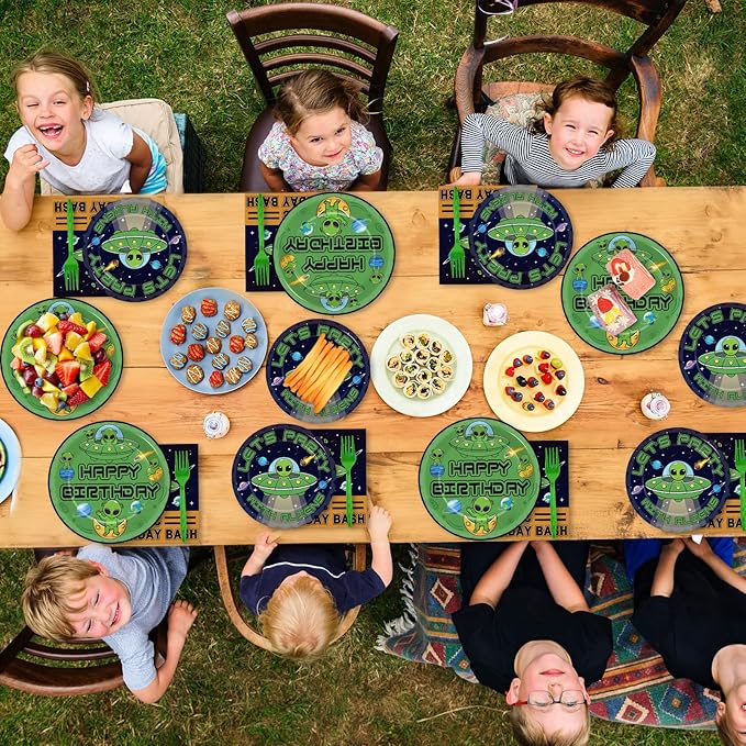 OBUSATT 96 Pcs Alien Theme Paper Plates and Napkins Outer Theme Space Birthday Party Supplies Galactic Birthday Tableware Set for Boys Girls Galaxy Party Decorations Favors for Serves 24