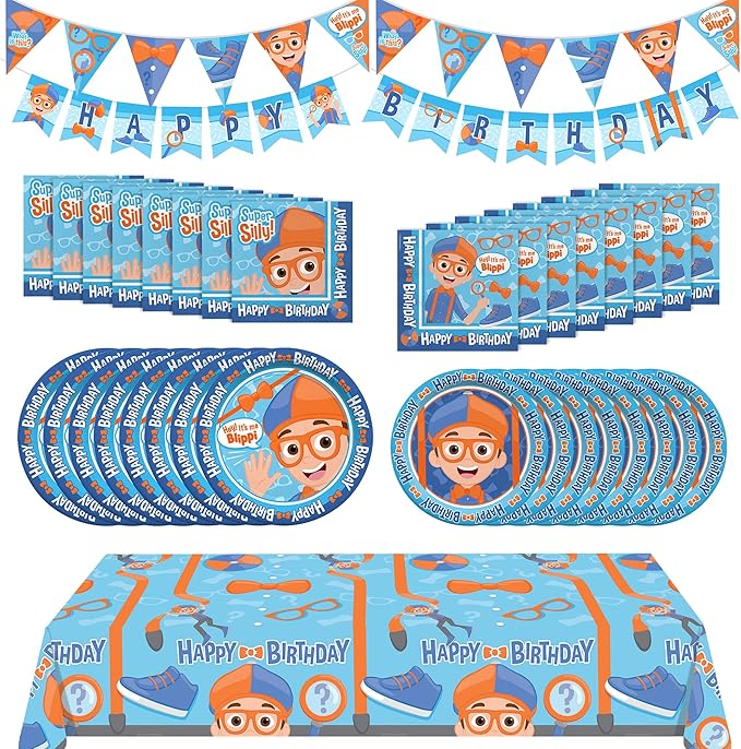 Treasures Gifted Officially Licensed Blippi Birthday Party Supplies - Serves 16 Guests - Complete Set Party Supplies - Blippi Birthday Decorations, Plates, Banner & More