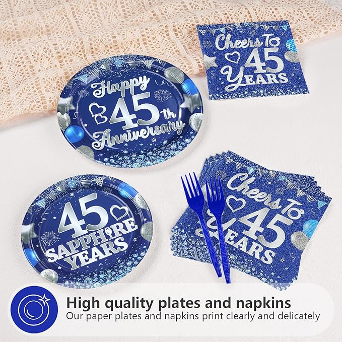 96Pcs 45th Anniversary Decorations Blue Sapphire 45th Wedding Plates and Napkins Cheers to 45 Years Tableware Sets for 45 Birthday Anniversary Party Supplies,Serves 24