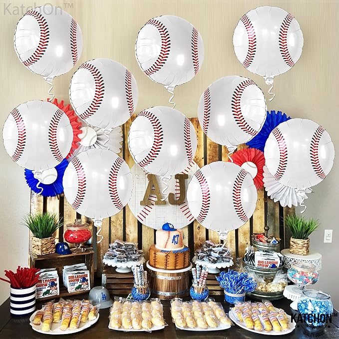 Katchon, Large Baseball Balloons 18 Inch-pack of 10 | Baseball Birthday Decorations With Baseball Foil Balloons | Sports Themed Party Decorations for Baseball Party Decor or Gender Reveal Decorations