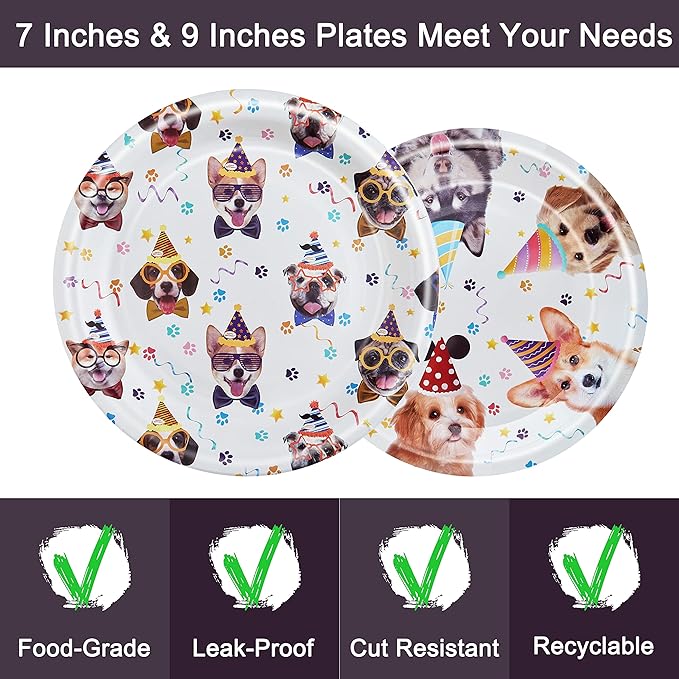 Fesciory 96 Pcs Dog Birthday Party Plates Napkins Forks Supplies Tableware Set Disposable Paper Dog Theme Decoration for Kids Birthday Party, Serves 24 Guests