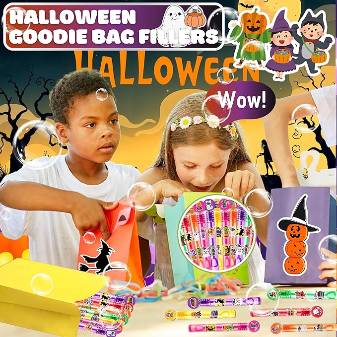 Halloween Party Favors for Kids – 24PCS Spooky-Themed Mini Bubble Wands, Great for Birthday Supplies, Piñata Fillers, Goodie Bags & Classroom Rewards