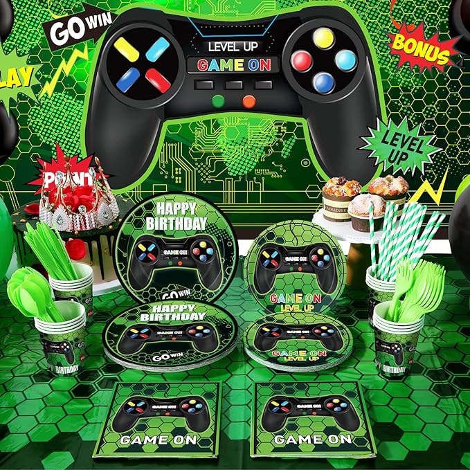 Tatuo 152 Pieces Video Game Birthday Party Supplies Gamer Party Table Cover Happy Birthday Backdrop Banner Tableware Balloons Sets for Boys Men Theme Party Decoration