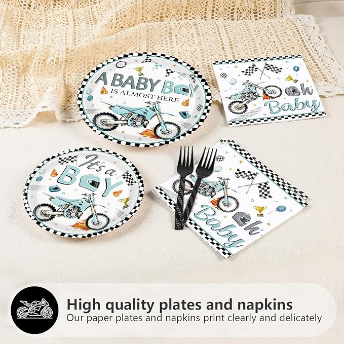 96Pcs Motorcycle Birthday Party Decorations Dirt Bike Motocross Plates and Napkins Tableware Set Watercolor Motorbike Decorations Favors for Boys Kids Baby Shower Birthday Party Supplies Serves 24