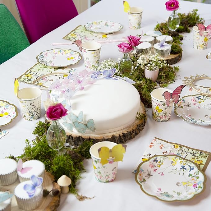 Talking Tables 50pcs Fairy Party Wildflower Decorations Disposable Tableware Butterfly Bunting, Paper Cups, Plates Pretty Napkins Kids Birthday, Mother's Day, Afternoon Tea, Baby Shower for 16 Guests