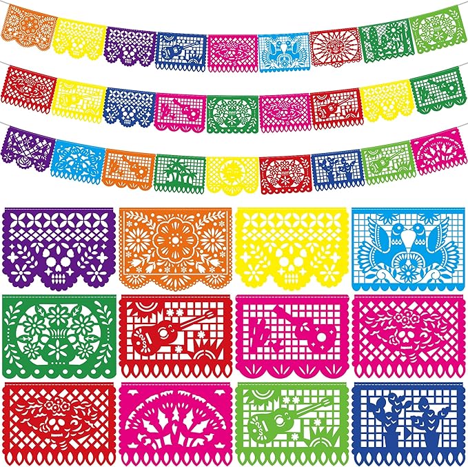3 PCS Cinco De Mayo Decorations, Plastic Mexican Party Banner 55.2 FT Papel Picado Dia De Los Muertos, Colorful Fiesta Banner for Day of the Dead Decorations Ofrenda Decorations for Fiesta Decor