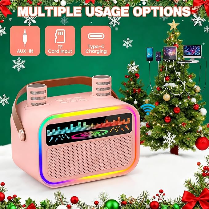 Mini Karaoke Machine Toys for Kids Girls, Tnvee Portable Bluetooth Speaker with 2 Wireless Microphones, Funny Birthday Gifts for Girls Ages 3, 4, 5, 6, 7, 8, 9,10,11,12+ Years Old Toddler - Pink