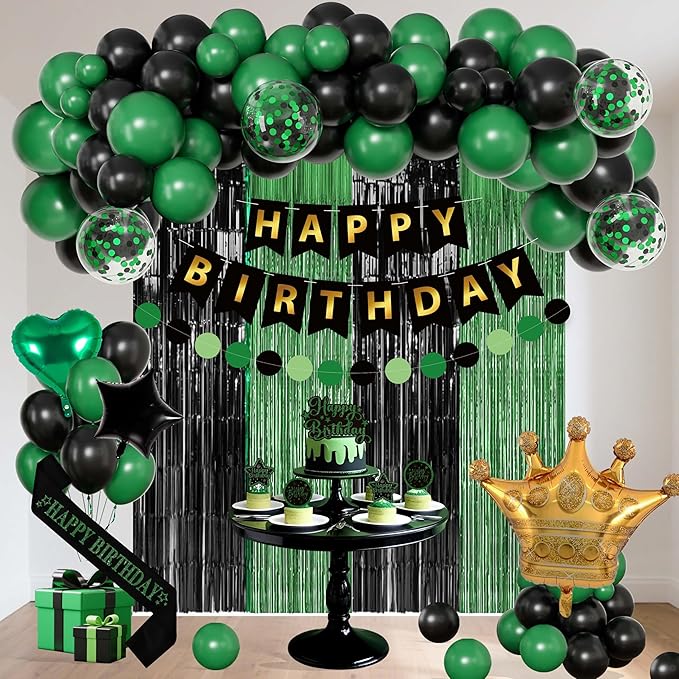 Black And Green Birthday Decorations for Men,Fringe Curtains Happy Birthday Banner,Red balloons,Cake Toppers for Boys
