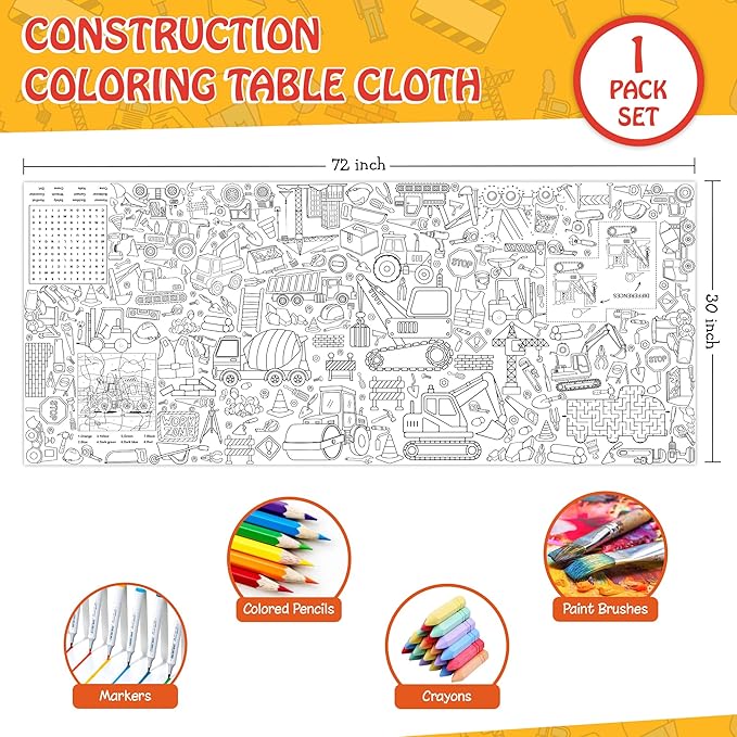 Construction Coloring Tablecloth for Kids, Huge 30x72 Inch Poster with Trucks, Cranes, Bulldozers, Tools, Idea for Party Games, Construction Decorations, Classroom Activities