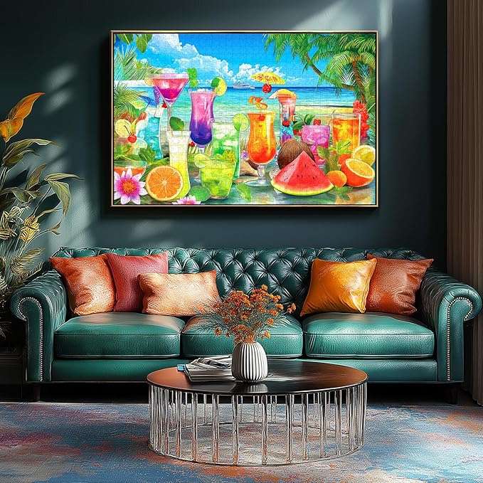 Tropical Paradise 500 Piece Jigsaw Puzzle for Adults Colorful Summer Beach Scene with Cocktails & Fresh Fruits,Letters on Back for Easy Sorting,Perfect for Game Nights & Family Fun(23“X15”)