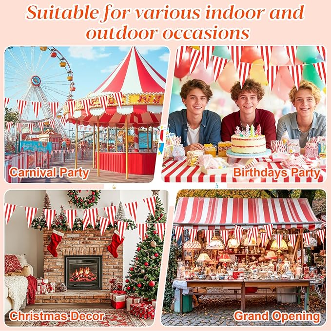 MAQIHAN Red & White Striped Pennant Banner - 98 Ft Triangle Banner Flags Carnival Circus Theme Party Decorations Supplies Triangle Bunting Flags for Carnival Circus Birthday Christmas Party Decorations Supplies