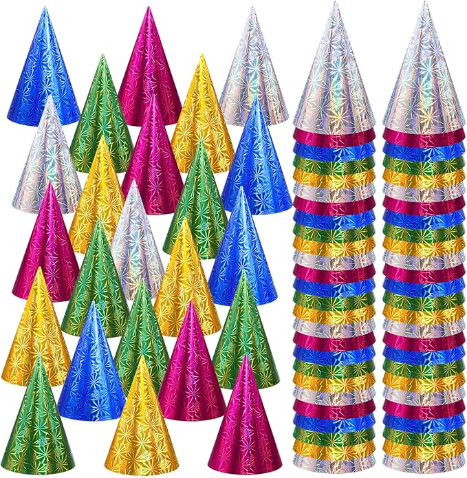 JaGely 100 Pieces Colorful Birthday Party Hats Metallic Foil Cone Hat for Christmas New Year Party Supplies, 5 Colors
