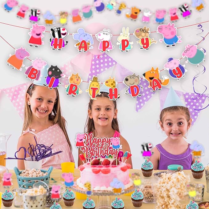 "Pepa Pig Theme Birthday Party Supplies – Cartoon Character Birthday Decorations – Happy Birthday Banner, Cake Topper, Cupcake Toppers & Party Décor for Boys and Girls Celebrations"
