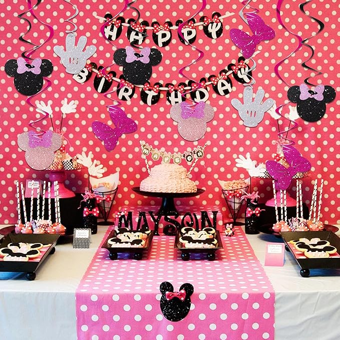 BEISHIDA 16 Pcs Mouse Hanging Swirl Decorations, Pre-Strung Mouse Birthday Party Decorations Pink and Black Mouse Theme Party Supplies for Kids