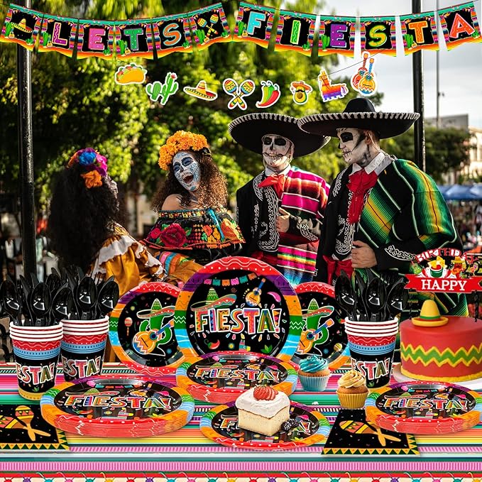 Mexican Themed Fiesta Party Supplies,161pcs Mexican Party Paper Tableware Set Includes Mexican Fiesta Plates Cups Napkins Tablecloth and Banner etc Fiesta Party Decorations Tableware, for 20 Guests