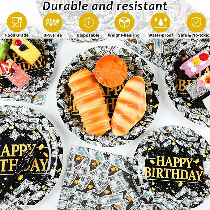 gisgfim 96PCS Money Birthday Party Supplies Paper Plates Napkins Money Decorations Tableware Set Disposable Hundred Dollar Bills Birthday Party Decorations Favors for Adults Serves 24