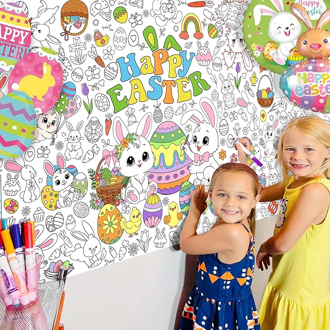 Easter Coloring Tablecloth for Kids, Large 30x72 Inch Poster with Bunnies, Eggs, Flowers, Perfect for Easter Party Games, Classroom Decorations, Spring Activities, and Holiday Supplies