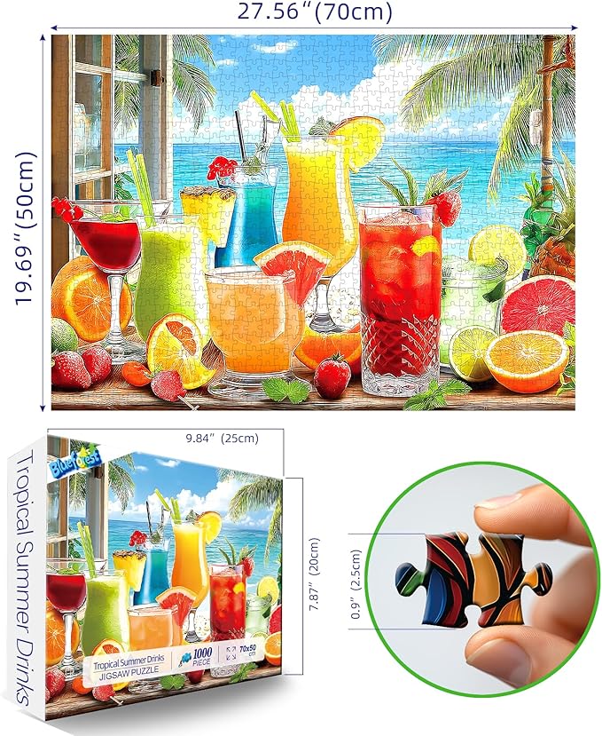 Colorful Drinks 1000 Piece Jigsaw Puzzle for Adults Summer Tropical Beach Scene with Fresh Fruits Ocean Vibrant Coastal Art Perfect for Relaxation & Home Decor(27.5" x 19.7")