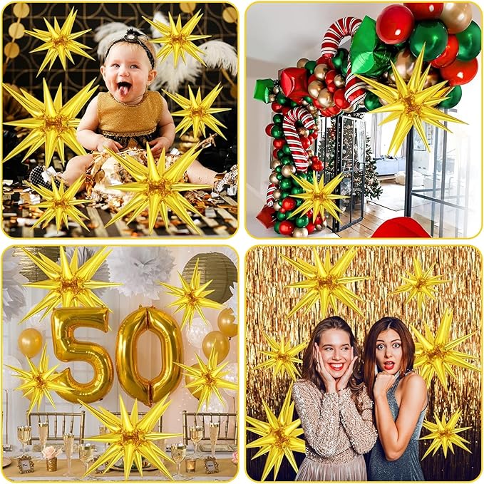 10 Pcs Gold Star Balloons Explosion Balloons Foil Cone Balloon Magic for Birthday Wedding Anniversary Party Backdrops Decorations Supplies, 6 Pcs 22Inches and 4 Pcs 27Inches