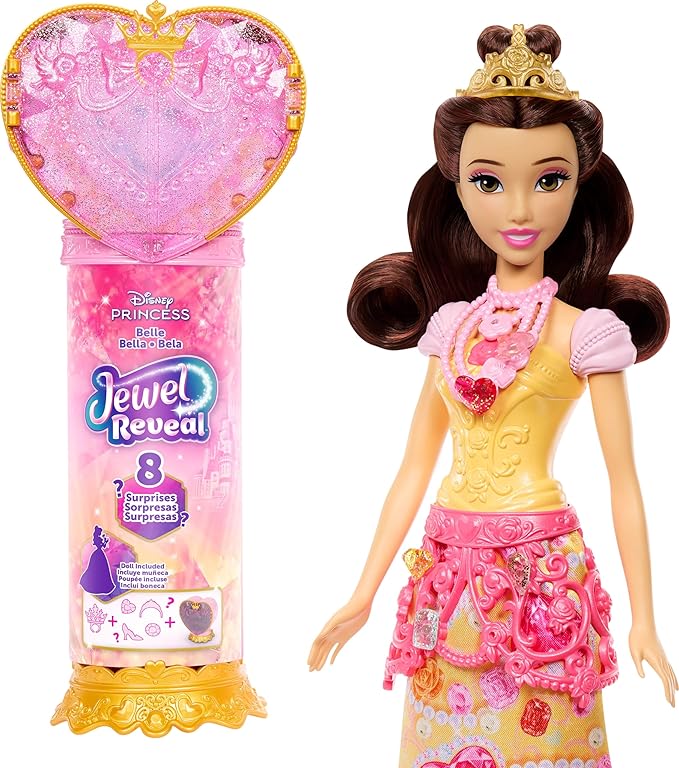 Mattel Disney Princess Belle Fashion Doll & Accessories with 8 Surprises, Including Heart Gem Box, Ring for Child & 9 Pieces, Inspired by Movie