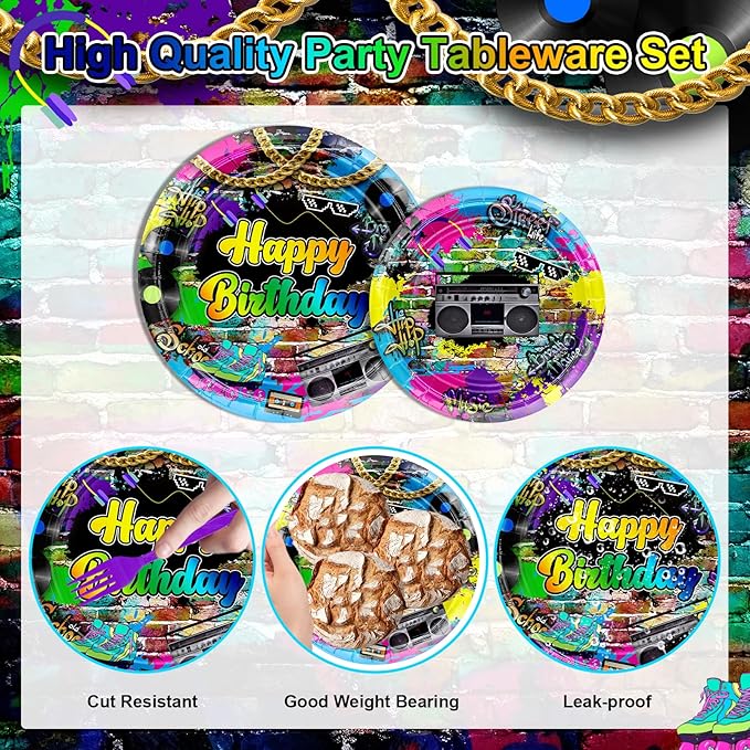 Avezano 192 Pcs 80’s Party Tableware Set 80s Birthday Hip Hop Party Table Decorations Supplies Retro 80s Theme Paper Plates, Napkins, Cups and Plastic Cutlery for 24 Guests