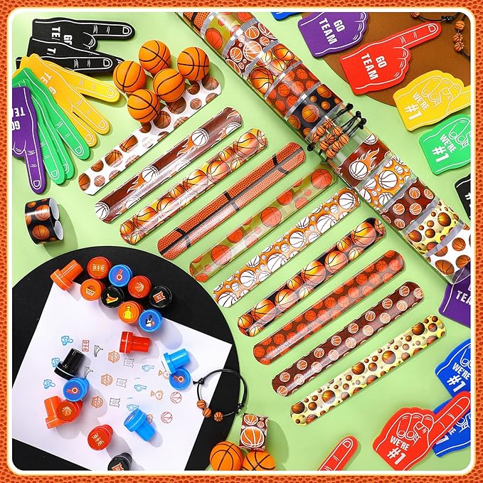 Aoriher 120 Pcs Basketball Sports Party Favors Set Serve 24, Basketball Goodie Bulk Foam Finger Mini Stress Ball Slap Bracelet Charm Bracelet Stamp for Girl Boy Kids Party Supplies