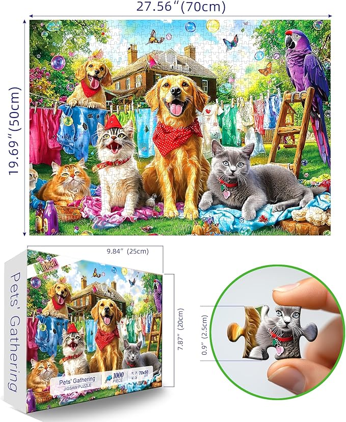 Laundry Day Pets 1000 Piece Jigsaw Puzzle for Adults - Colorful Backyard Garden Scene with Dogs, Cats & Parrot - Playful Animal Challenging & Fun Adult Puzzle - Vibrant Home Décor & Game Night Gift