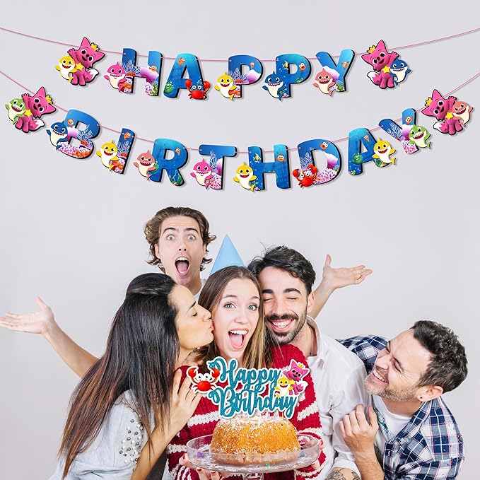 "Bby Shrk Theme Birthday Party Supplies – Complete Decorations Set with Happy Birthday Banner, Cake Topper, Cupcake Toppers, Garland, Table Décor, and Party Accessories for Boys and Girls"