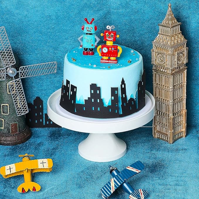 4 Pieces Hero City Cake Border Decoration Black Skyscraper Building Cake Topper Stick on or Lay on Building Images Lighted City Cakes Wrap for Hero Birthday Party Favors Supplies