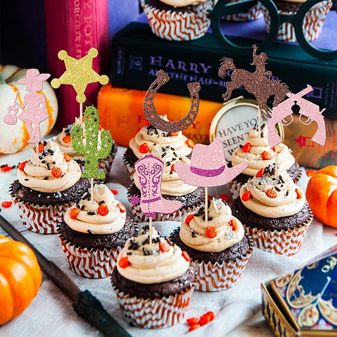 32 PCS Cowgirl Cupcake Toppers Glitter HorseShoe Cactus Star Gun Cupcake Picks Cowgirl Hats Boots Cupcake Decorations for Western Theme Baby Shower Girls Birthday Party Cake Decorations Supplies