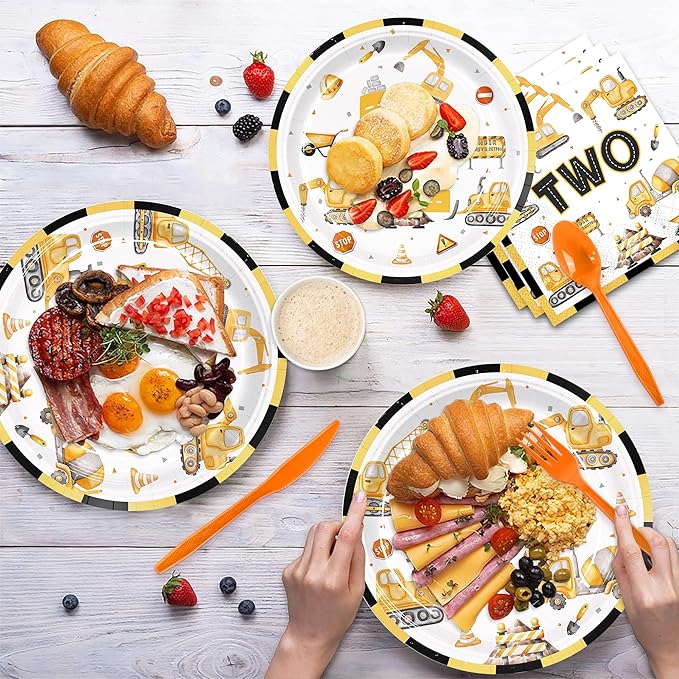 168pcs Construction 2nd Birthday Party Decorations 2nd Plates Napkins Tableware Set Disposable Paper Cups for Boys Construction Two Years Old Party Supplies Serves 24