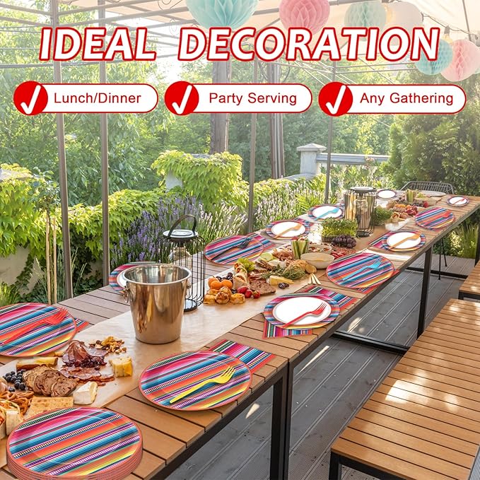 200PCS Mexican Paper Plates and Napkins Fiesta Taco Themed Party Supplies Mayo Mexican Party Decorations Serape Disposable Dessert Plates Dinner Tableware Set Stripe Mexico Dinnerware Favors
