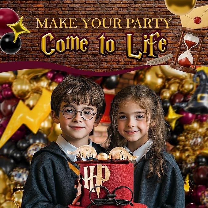 ALL-IN-1 Magical Wizard Balloons Garland Arch Kit with BONUS Hat, Wings, Lightning, Stars – Wizard Birthday Party Decorations & Supplies for Baby Shower, Chosen One, Burgundy Black Hogwarts Balloons