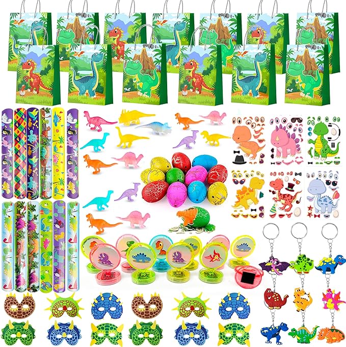 Dinosaur Birthday Party Decorations Kit, 96pcs Dinosaur Party Favor Bags Fillers Stamps Keychains Dino Stickers etc for Dinosaur Birthday Supplies