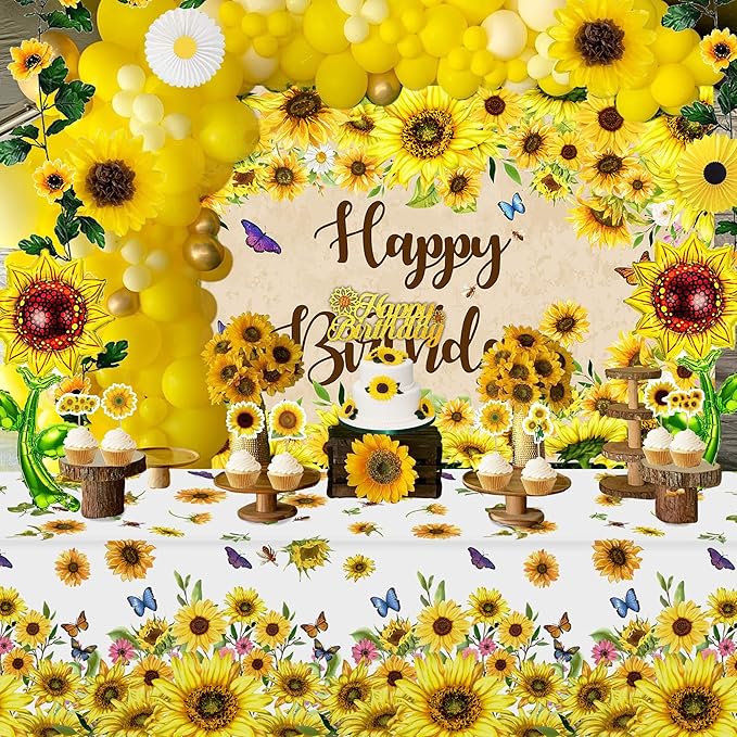 Sunflower Birthday Party Decoration Pack 111 Pcs Baby Shower Party Supplies Wedding Decor include Backdrop Tablecloth Artificial Sunflower Garland Cake Topper Balloon Garland Arch Tissue Paper Flower