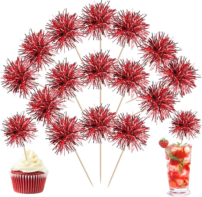 40 PCS Foil Firework Cupcake Toppers Sparkle Tinsel Cupcakae Picks Sparkler Fireworks Party Decorations Cocktail Fruit Toothpick for Birthday Wedding Graduation Party Decorations Supplies Red
