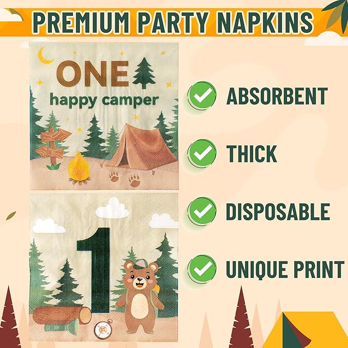 Camping Tableware Party Supplies - 96Pcs One Happy Camper Tableware Decorations Camping Adventure Themed Disposable Paper Plates Napkins Forks for Kids Boy 1st Birthday Baby Shower Serve 24